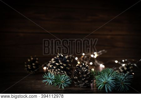 2021 New Year's Eve Bokeh, Pine Cones Composition With Text Mock-up Evening Dark Flashlights, Christ