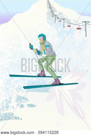 Young Man In Suit Skiing In Mountains. Vector Illustration Concept