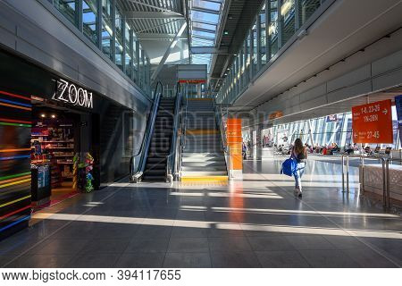 Warsaw, Poland - September 15, 2020: Warsaw Chopin Airport Interior Architecture. Warsaw Chopin Airp