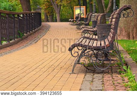 Picturesque Morning Landscape View Of Volodymyr Hill After Renovation. A Lot Of Benches Along Cobble