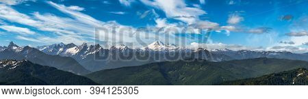Canadian Mountain Landscape With Mt Baker In Background. Sunny Cloudy Morning Sky. Aerial View Taken