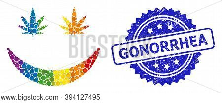 Rainbow Gradient Colored Round Dot Collage Cannabis Smile, And Gonorrhea Corroded Rosette Stamp Seal