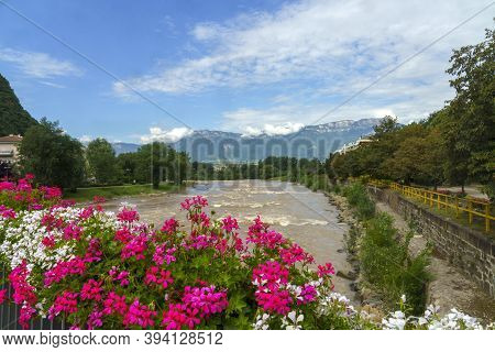 Cycleway Of Isarco Valley, Bolzano Province, Trentino Alto Adige, Italy. Flowers And River