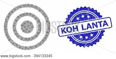 Vector Fractal Collage Concentric Circles, And Koh Lanta Rubber Stamp Seal. Blue Stamp Seal Contains