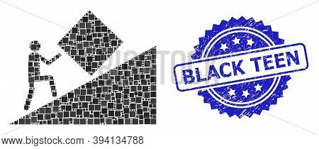 Squared Dot Mosaic Pointless Task And Black Teen Grunge Stamp Print. Blue Stamp Seal Contains Black 