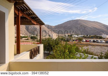 Santorini, Greece - September 16, 2020: Summer Villa Overlooking The Mesa Vouna Mountain In Perissa