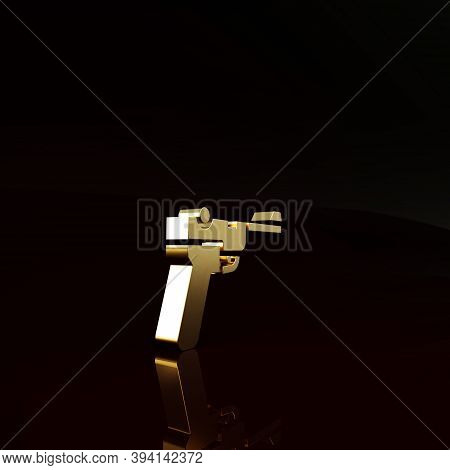 Gold Mauser Gun Icon Isolated On Brown Background. Mauser C96 Is A Semi-automatic Pistol. Minimalism