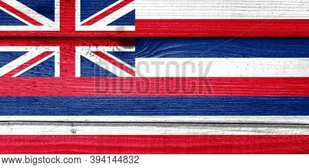 Hawaii Flag Painted On Old Wood Plank Background. Brushed Natural Light Knotted Wooden Board Texture