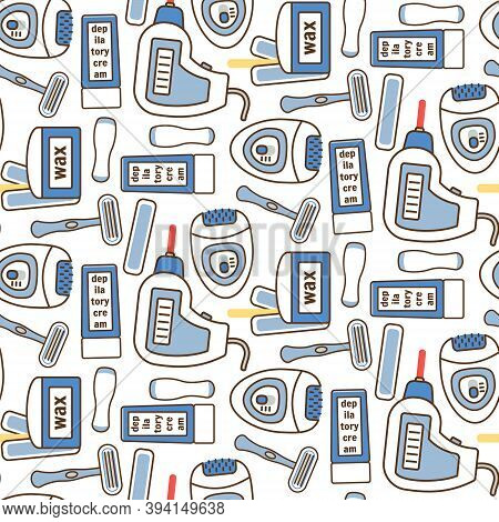 Vector Colorful Seamless Pattern With White And Blue Hair Removal Equipment. Cute Epilatory And Depi