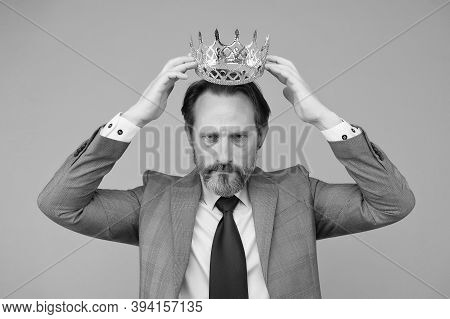 Kill Your Pride Before You Lose Your Head. Big Boss Wear Crown With Pride. Proud Businessman Grey Ba