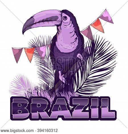 Tropical Bird Toucan And Exotic Leaves. Color Sketch Drawing, Isolated Object On A White Background