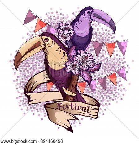 Tropical Bird Toucan And Exotic Leaves. Color Sketch Drawing, Isolated Object On A White Background