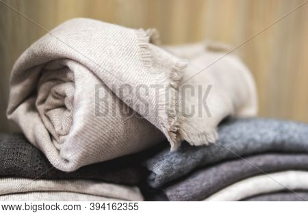 Pile Of Clothes, Rolled Beige Cashmere Blanket, Knitting Cashmere Wool Yarn, Closeup Beige Blanket, 