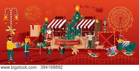 Christmas Toy Store Greeting Card In Flat Style. Christmas Fair With Happy Shopping People Of Holida