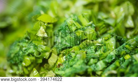 Vegetarian Vitamin Salad From First Spring Greens And Wild Herbs. Ingredients For Home Diet Meal Wil