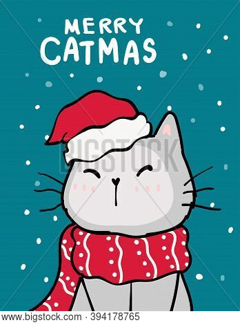 Merry Catmas, Christmas Greeting Card, Cute Naughty Cat With Santa Red Hat, Snow Falling In Deep Blu