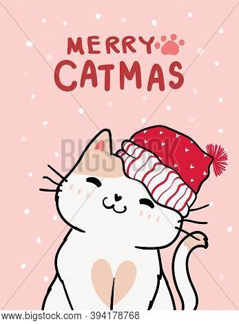 Merry Catmas, Christmas Greeting Card, Cute Smile Cat With Santa Red Hat, Snow Falling In Pink Backg