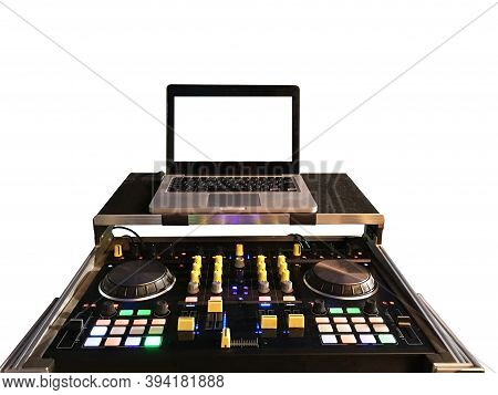 Dj Machine On A Mixer And Turntables With The Vinyl On White Background