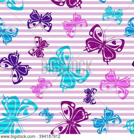 Flying Summer Butterfly Silhouettes Over Horizontal Stripes Vector Seamless Pattern. Kids Fashion Te