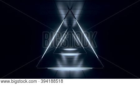 Abstract Blue White Futuristic Background. Space From Glowing Neon Light Tubes Of Astera On A Black 