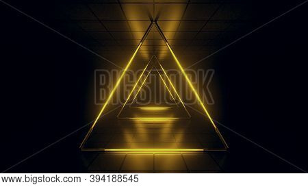 Abstract Yellow Futuristic Background. Space From Glowing Neon Light Tubes Of Astera On A Black Back