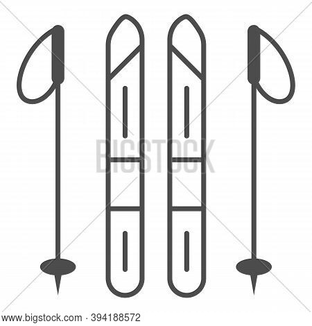 Skis And Ski Poles Thin Line Icon, World Snow Day Concept, Ski And Sticks Sign On White Background, 