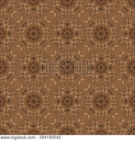 Cute Flower Motifs Design On Jepara Batik With Seamless Brown Color Concept.