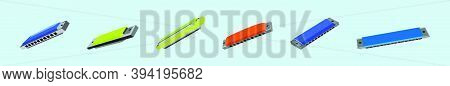 Set Of Harmonica. Modern Cartoon Icon Design Template With Various Models. Vector Illustration Isola