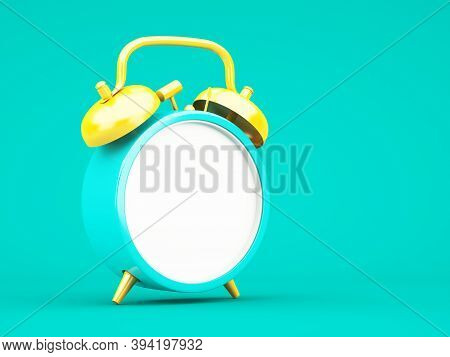 3d Rendering Blue Alarm Clock On Blue Background