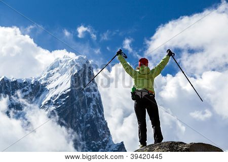 Woman Hiker Walking In Himalaya Mountains, Nepal