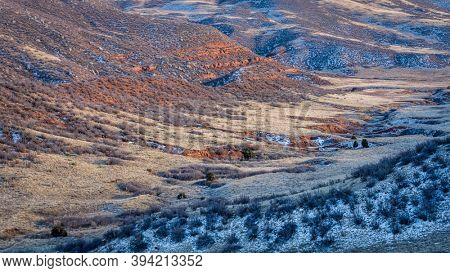 mountain valley at Colorado foothills in fall scenery - Red Mountain Open Space, recreational area maintained by Larimer County