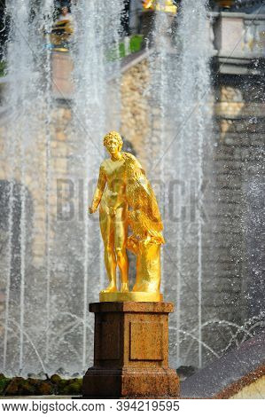Sculptures Of Peterhof Fountains In The Summer