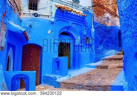 Chefchaouen, Morocco - May 28, 2017: View Of The Blue Walls Of Medina In Chaouen. The City Is Noted 