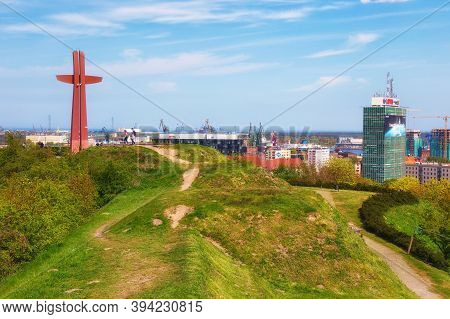 Gdansk, Poland - May 14, 2017: Millennium Cross Monument On The Gradowa Hill And View Of The City. T