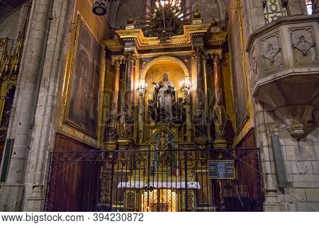 Barcelona, Spain - May 15, 2017: Back Side Altar In The Gothic Basilica Of Saints Justus And Pastor 