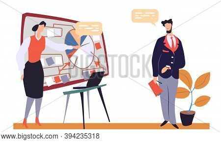 A Woman In A Business Dress Uses A Pointer To Demonstrate The Diagram On The Board With Stickers And