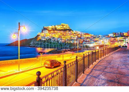 Wonderfull Night View Of Medieval Town Of Castelsardo. Cityscape Of Castelsardo. Location: Castelsar