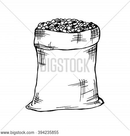 Coffee Beans In A Bag Hand Drawn Element, Doodle Vector Illustration On White Background For Sticker
