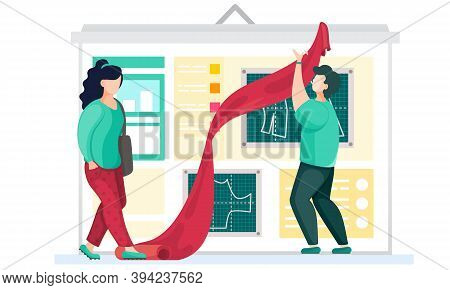 A Professional Designer Explains To Seamstress The Principles Of Making Clothes. Man Holds A Piece O