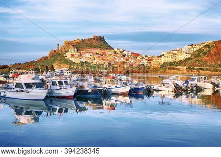 Picturesque View Of Medieval Town Of Castelsardo. Cityscape Of Castelsardo At Sunset.  Location: Cas