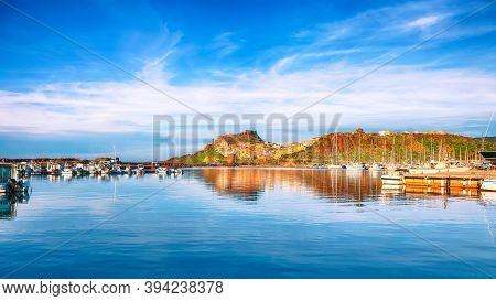 Picturesque View Of Medieval Town Of Castelsardo. Cityscape Of Castelsardo At Sunset.  Location: Cas