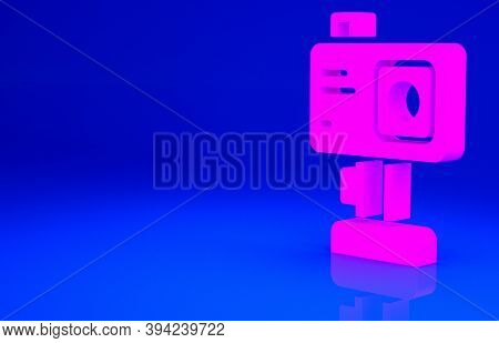 Pink Action Extreme Camera Icon Isolated On Blue Background. Video Camera Equipment For Filming Extr