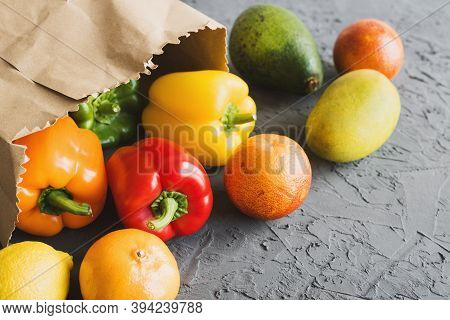 Fruits And Vegetables In Brown Paper Bag. Grocery Delivery. Plant Based Diet. Local Fruits And Veggi