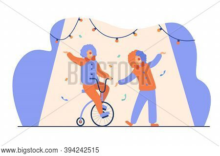 Happy Clowns Standing On Circus Arena Flat Vector Illustration. Cartoon Joker Characters Performing 