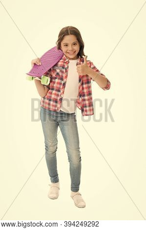Ideal For Short Distance Ride. Happy Skater Show Thumbs Up Isolated On White. Little Child Hold Penn