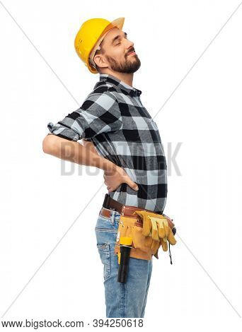 profession, construction and building - male worker or builder in helmet having back ache over white background
