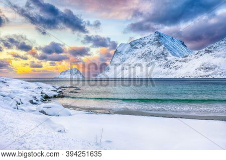 Stunning Winter View Of Vik Beach During Sunset With Lots Of Snow  And Snowy  Mountain Peaks Near Le