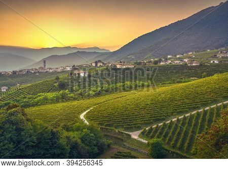 Prosecco Hills, Vineyards And San Pietro Di Barbozza Village At Sunset. Unesco Site. Valdobbiadene, 