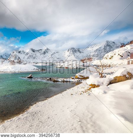 Stunning Winter Scenery With Lots Of Snow  In Small Fishing Village And Snowy  Mountain Peaks Near V