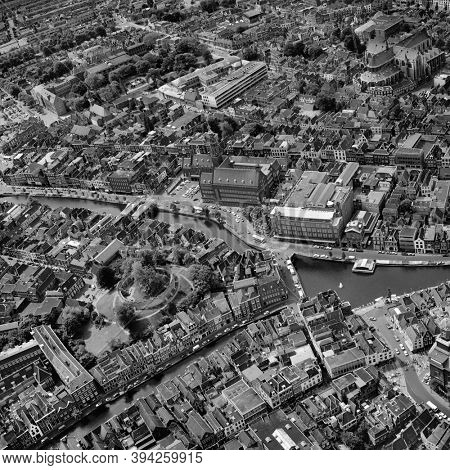 Leiden, Holland, May 30 - 1975: Historical black and white aerial photo of the center in Leiden, Holland  